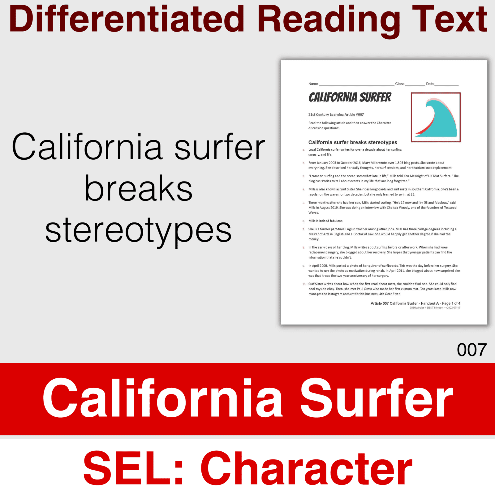 Differentiated Reading Text: California Surfer Breaks Stereotypes - Social-Emotional Learning: Character