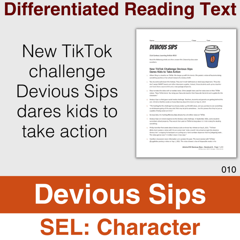 Differentiated Reading Text: New TikTok challenge Devious Sips dares kids to take action - SEL Character